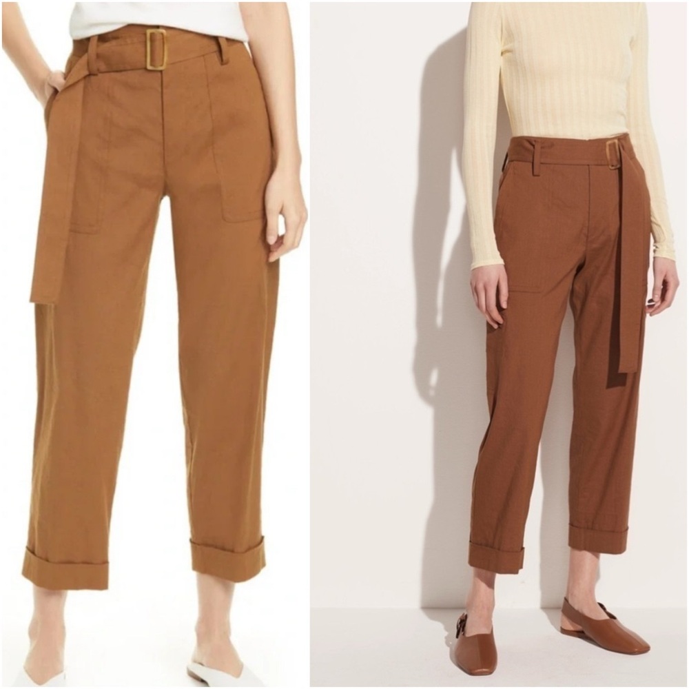 Vince Brand Linen Blend Belted Tan/Burnt Orange Cuffed Ankle Pants XS